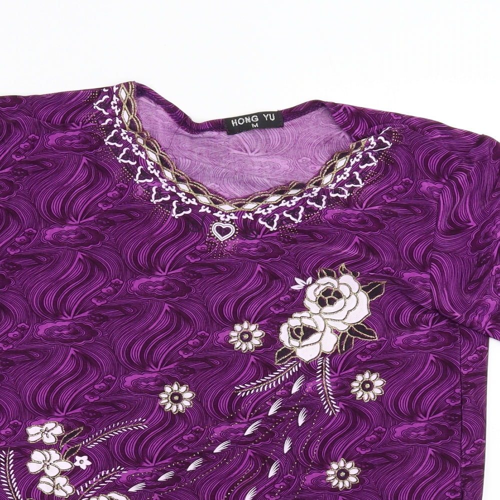 Hong Yu Womens Purple Floral  Basic Blouse Size M