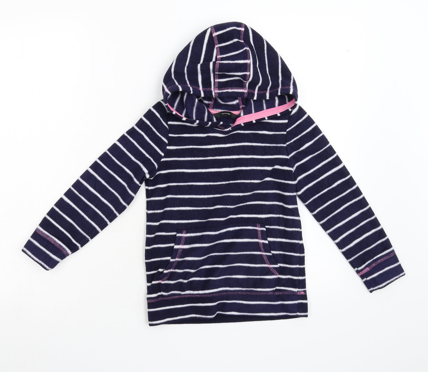 George Girls Blue Striped Fleece Pullover Hoodie Size 6-7 Years