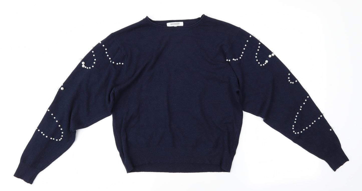 Moment Womens Blue   Pullover Jumper   - Pearl Embellished
