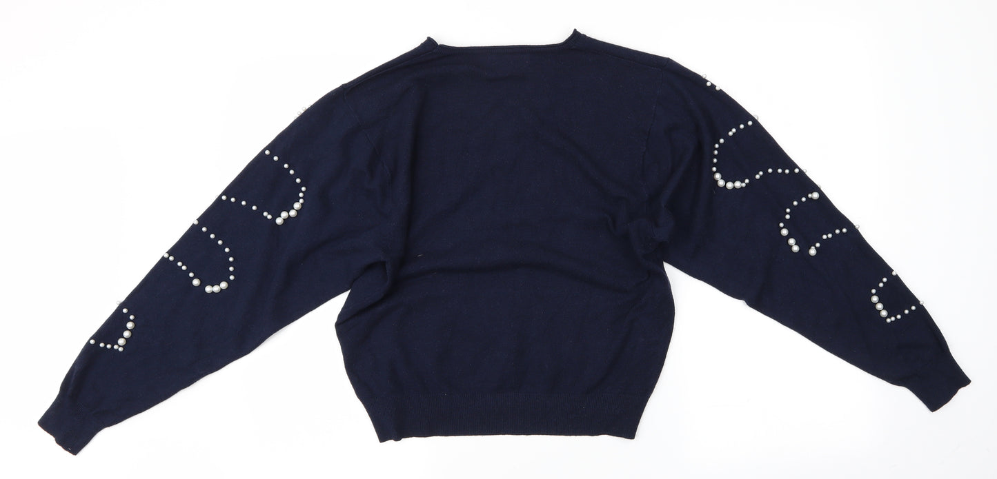 Moment Womens Blue   Pullover Jumper   - Pearl Embellished