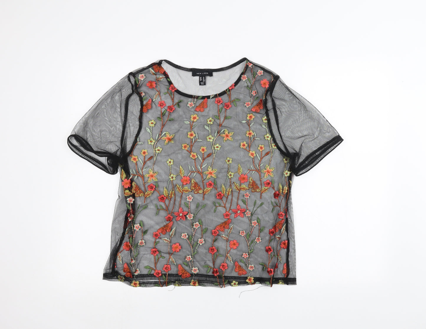 New Look Womens Black Floral  Basic T-Shirt Size 14  - See Through