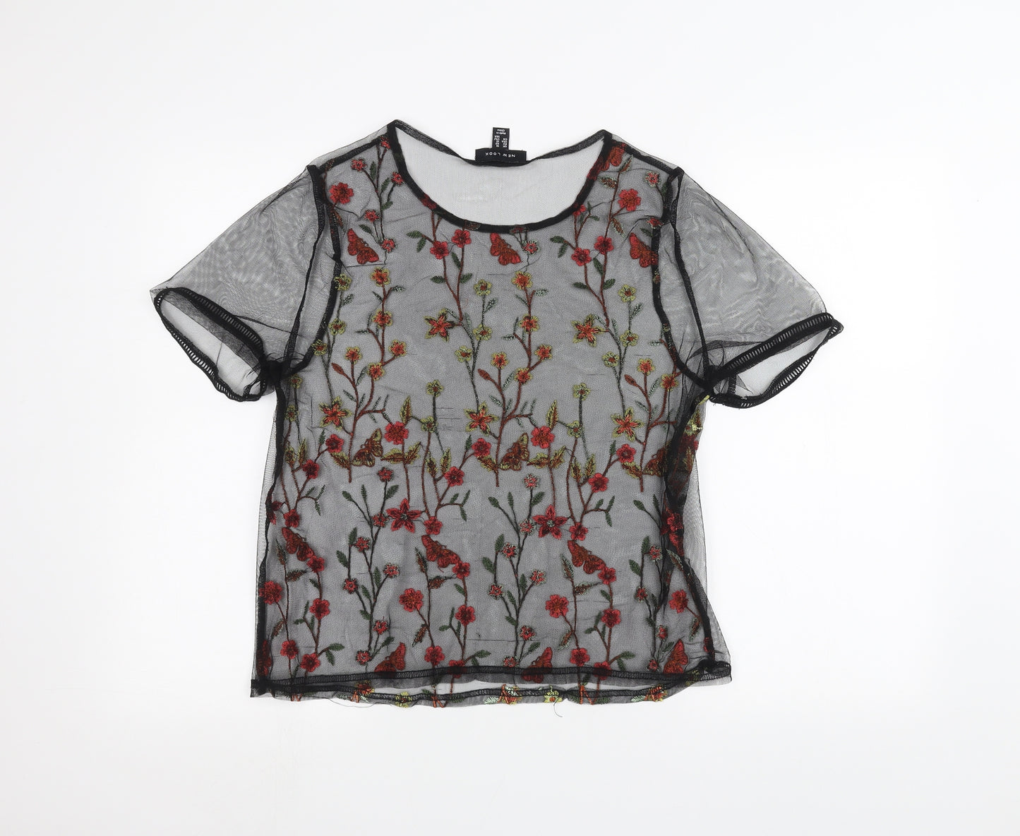 New Look Womens Black Floral  Basic T-Shirt Size 14  - See Through