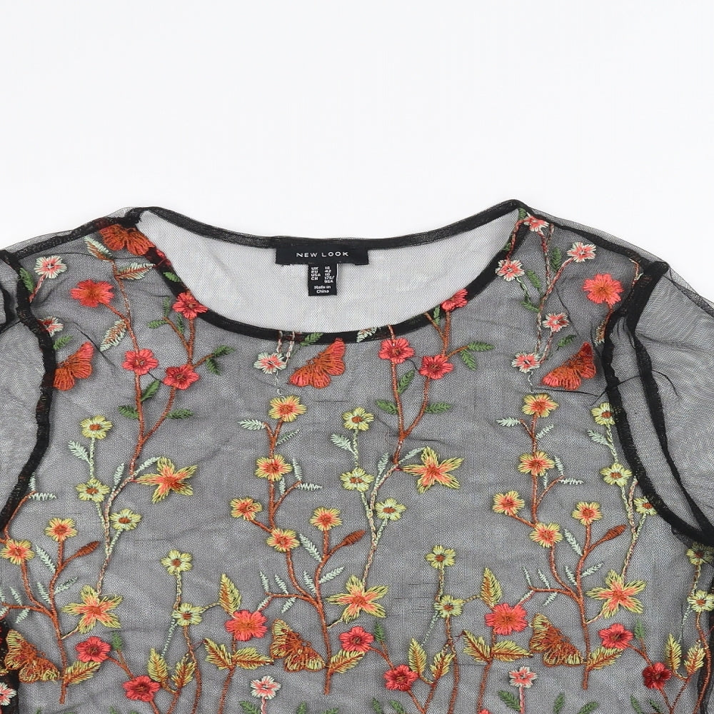 New Look Womens Black Floral  Basic T-Shirt Size 14  - See Through