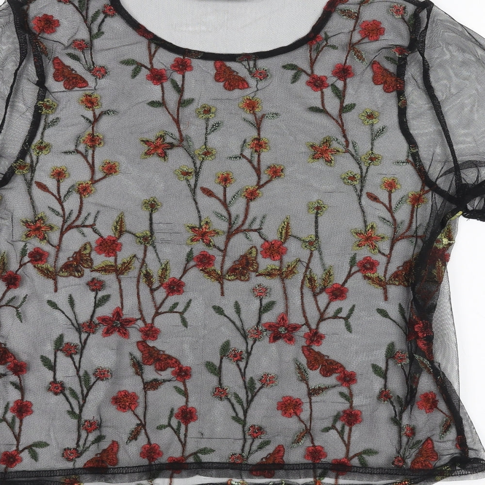 New Look Womens Black Floral  Basic T-Shirt Size 14  - See Through