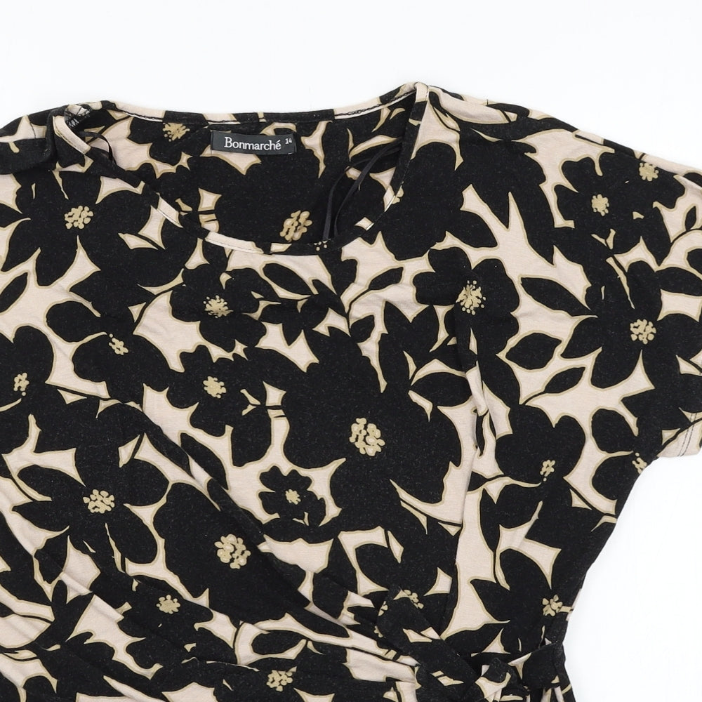 Bonmarché Womens Black Floral Jersey Basic T-Shirt Size 14
