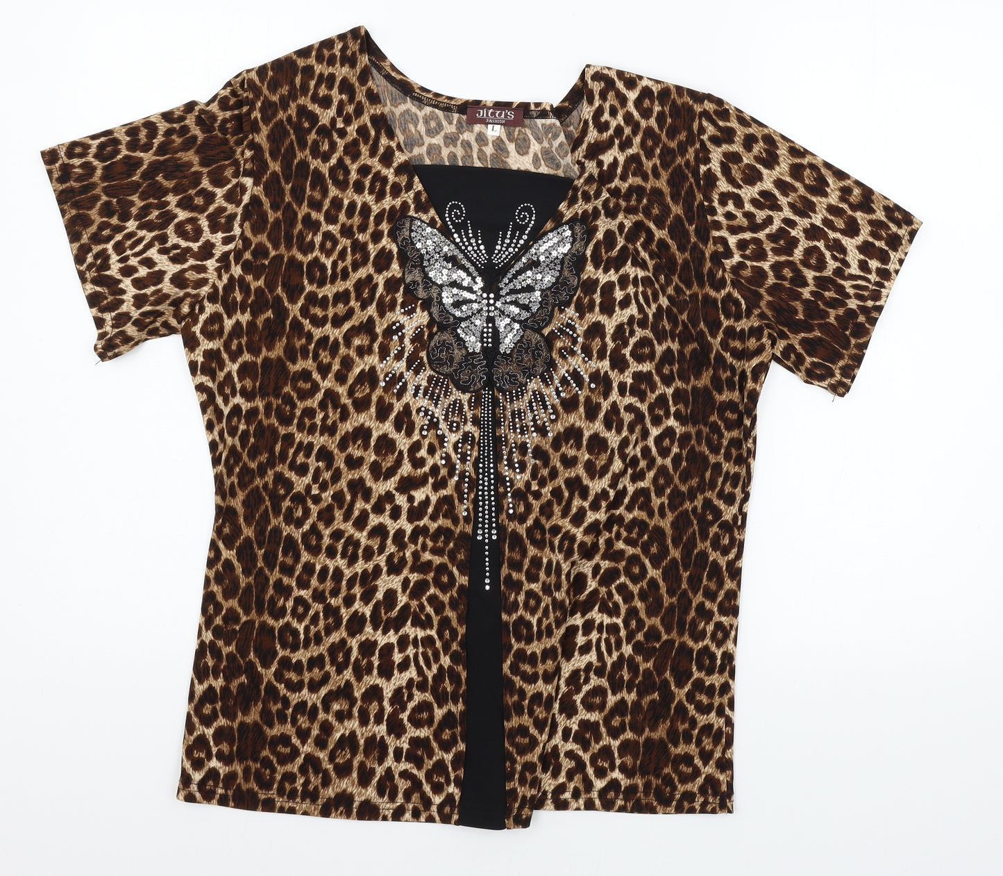 Jitu's Womens Brown Animal Print Jersey Basic T-Shirt Size L  - Butterfly