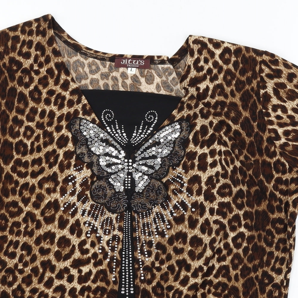 Jitu's Womens Brown Animal Print Jersey Basic T-Shirt Size L  - Butterfly