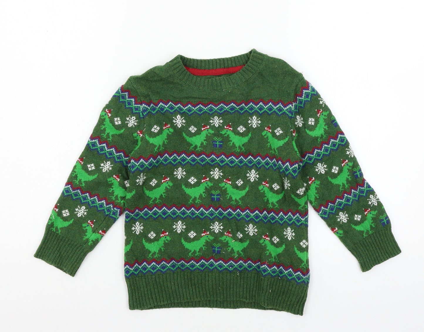 H&M Boys Green Geometric Knit Pullover Jumper Size 5 Years  - Christmas Dinosaur