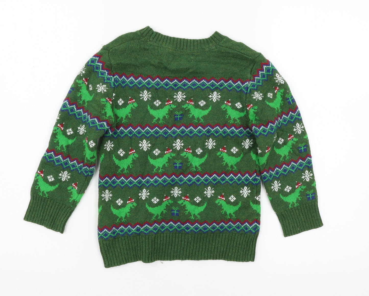 H&M Boys Green Geometric Knit Pullover Jumper Size 5 Years  - Christmas Dinosaur