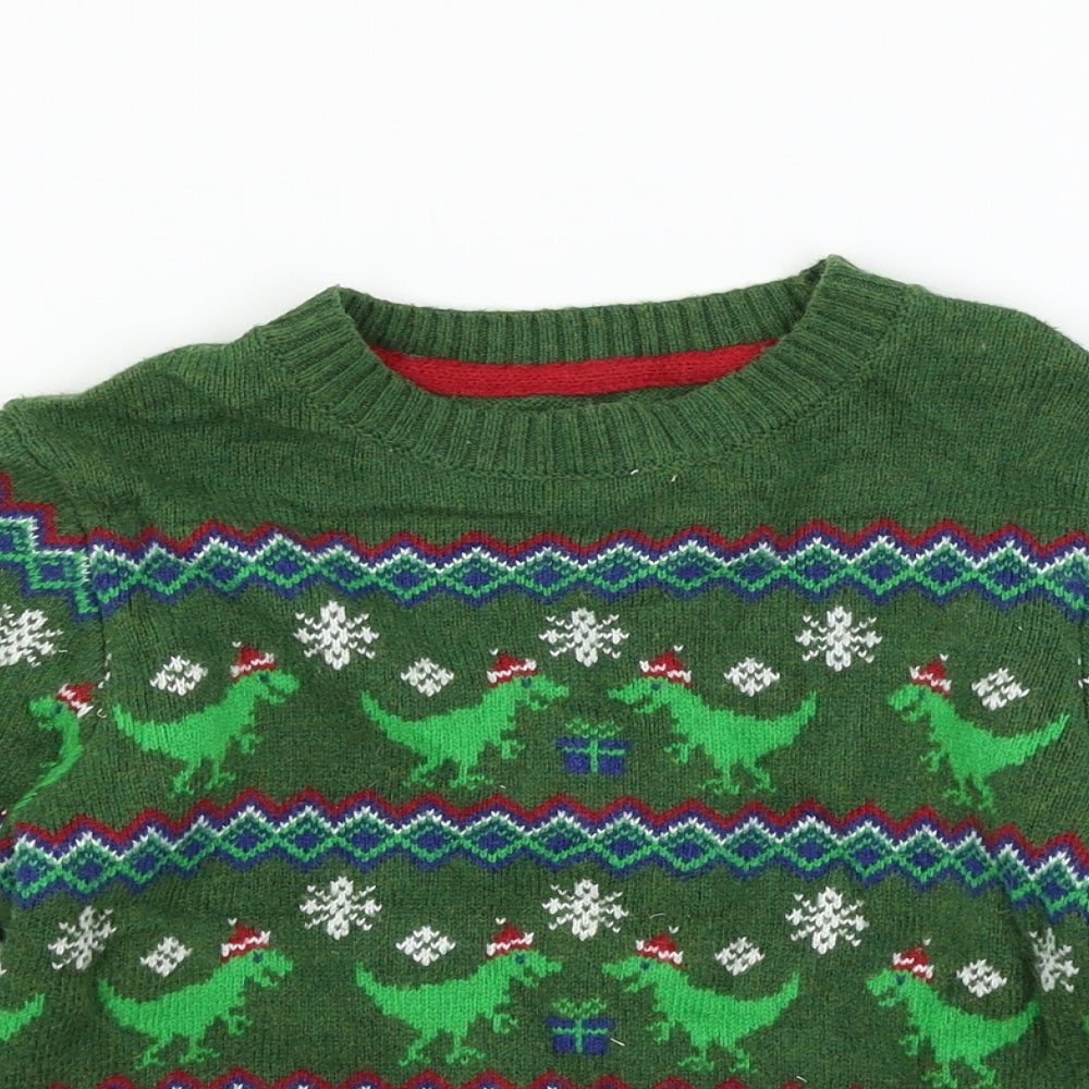 H&M Boys Green Geometric Knit Pullover Jumper Size 5 Years  - Christmas Dinosaur