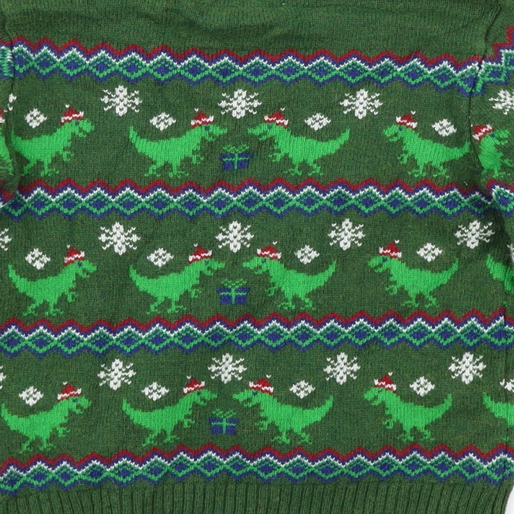 H&M Boys Green Geometric Knit Pullover Jumper Size 5 Years  - Christmas Dinosaur
