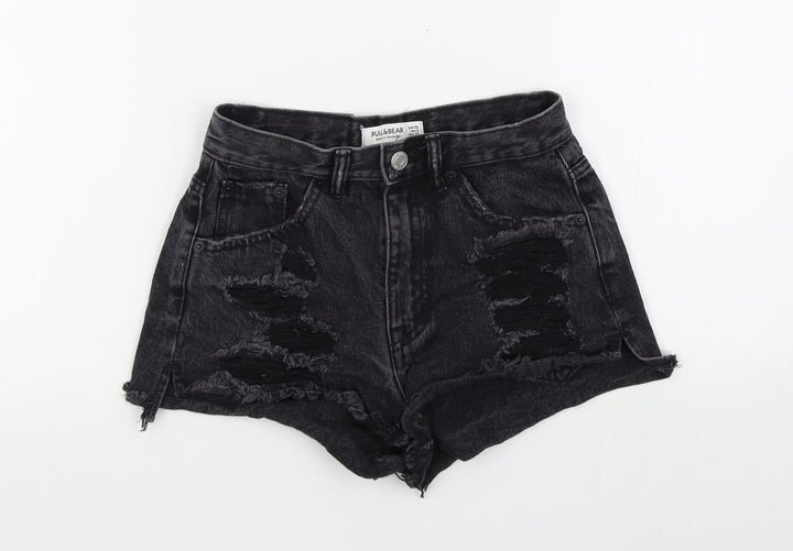 Pull&Bear Womens Black Colourblock Bermuda Shorts Size 4 - distressed