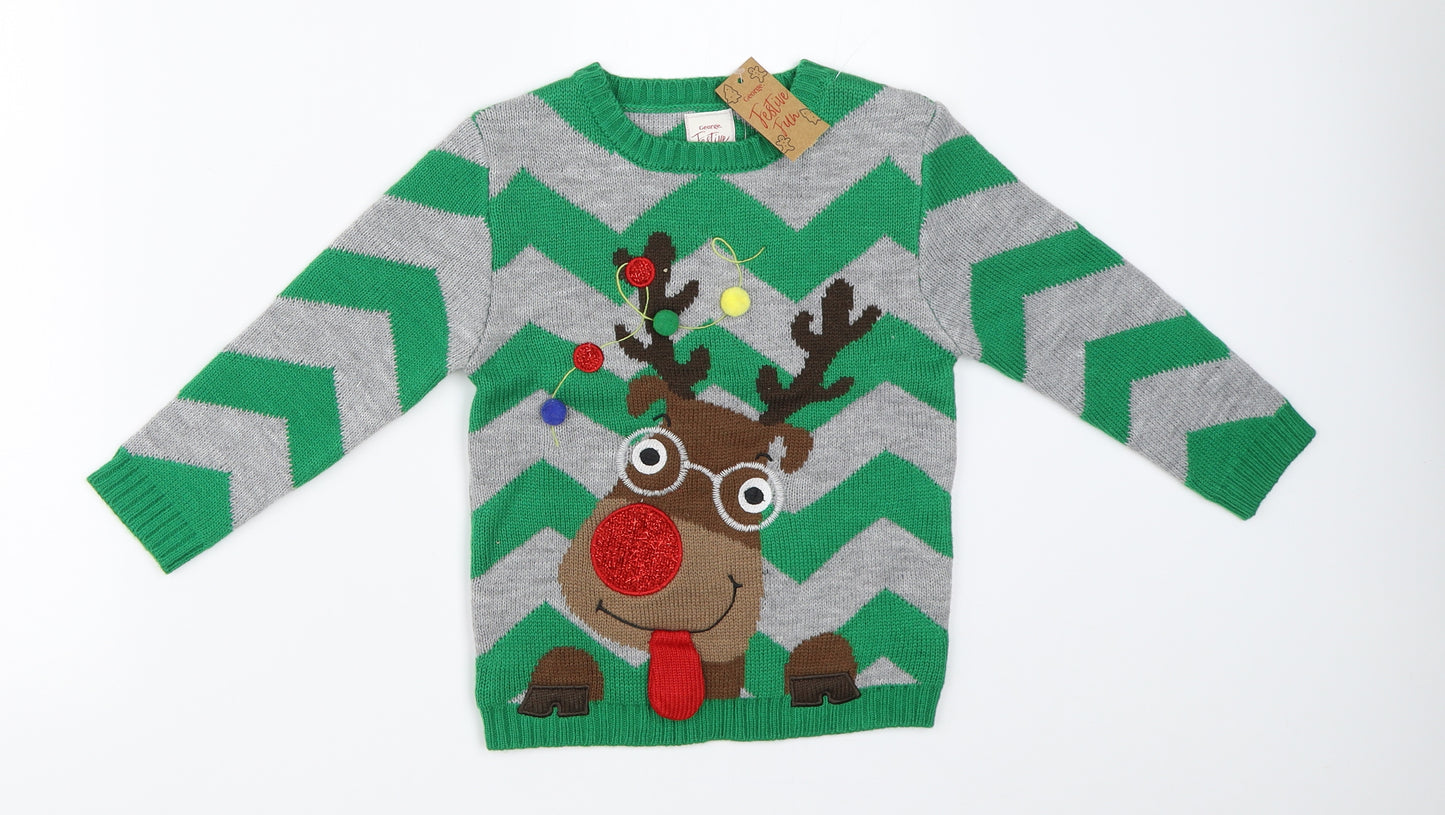 George Boys Green Striped Knit Pullover Jumper Size 3-4 Years  - reindeer christmas