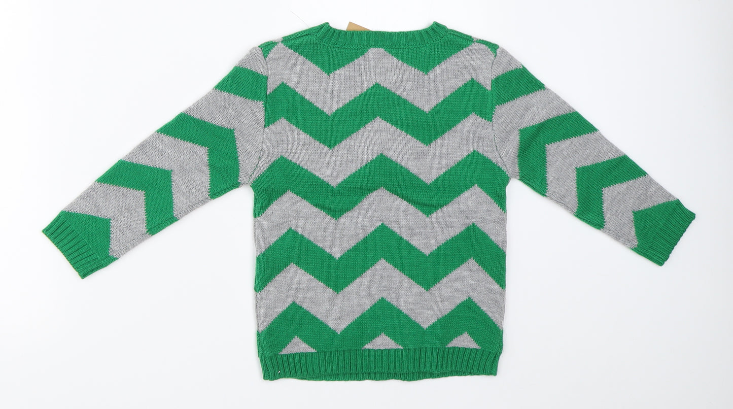 George Boys Green Striped Knit Pullover Jumper Size 3-4 Years  - reindeer christmas