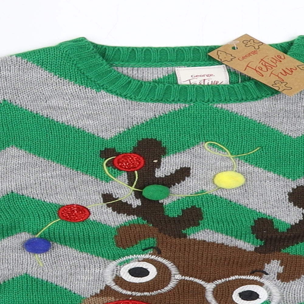 George Boys Green Striped Knit Pullover Jumper Size 3-4 Years  - reindeer christmas