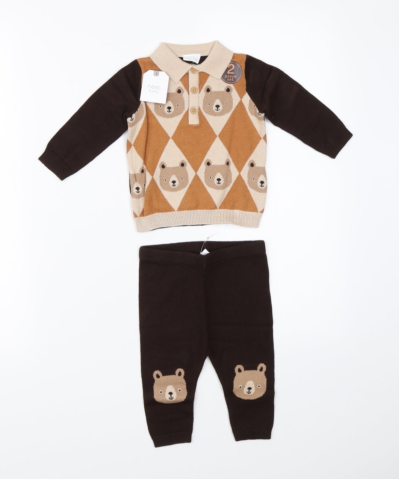 NEXT Baby Brown Argyle/Diamond Knit  Outfit/Set Size 3-6 Months  - jumper pants set bears