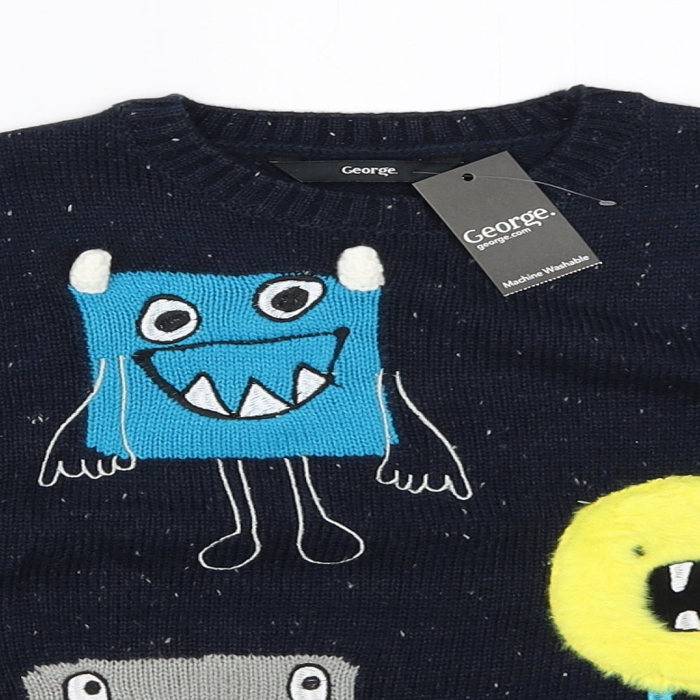 George Boys Blue  Knit Pullover Jumper Size 5-6 Years  - monsters