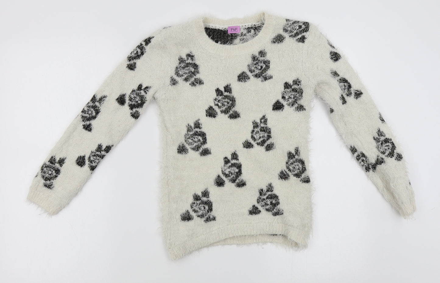F&F Girls Ivory Floral  Pullover Jumper Size 9-10 Years