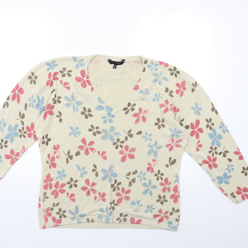 janique Womens Beige Floral Knit Pullover Jumper Size 14