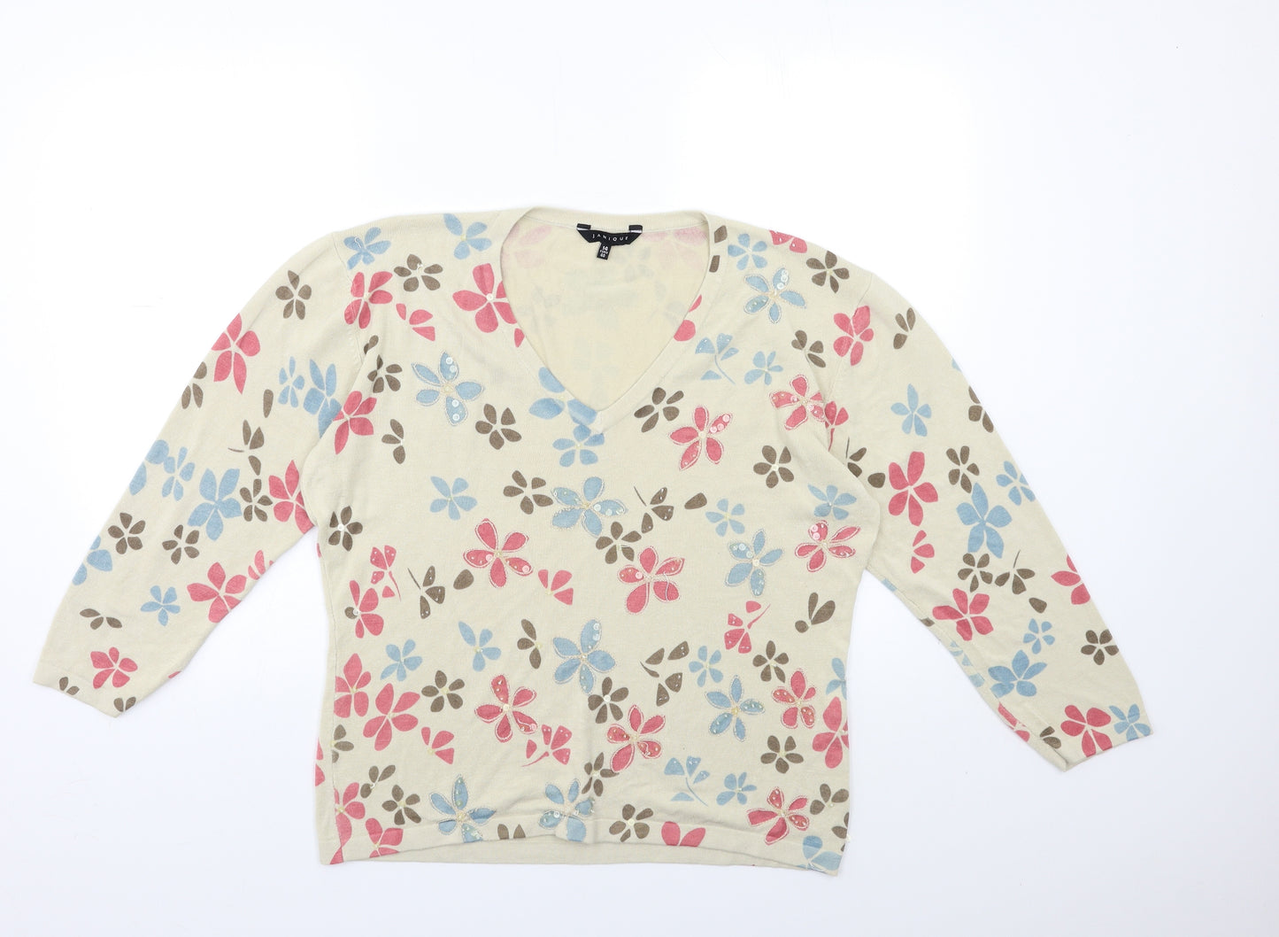 janique Womens Beige Floral Knit Pullover Jumper Size 14