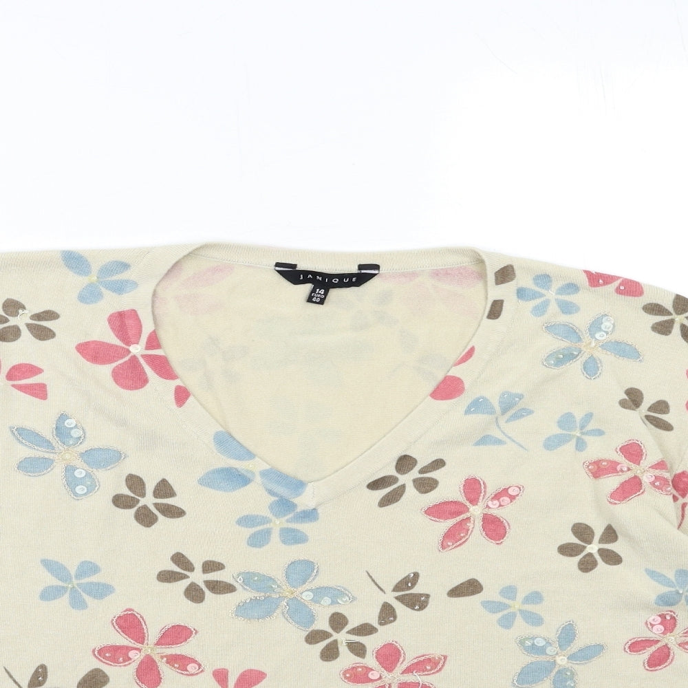 janique Womens Beige Floral Knit Pullover Jumper Size 14