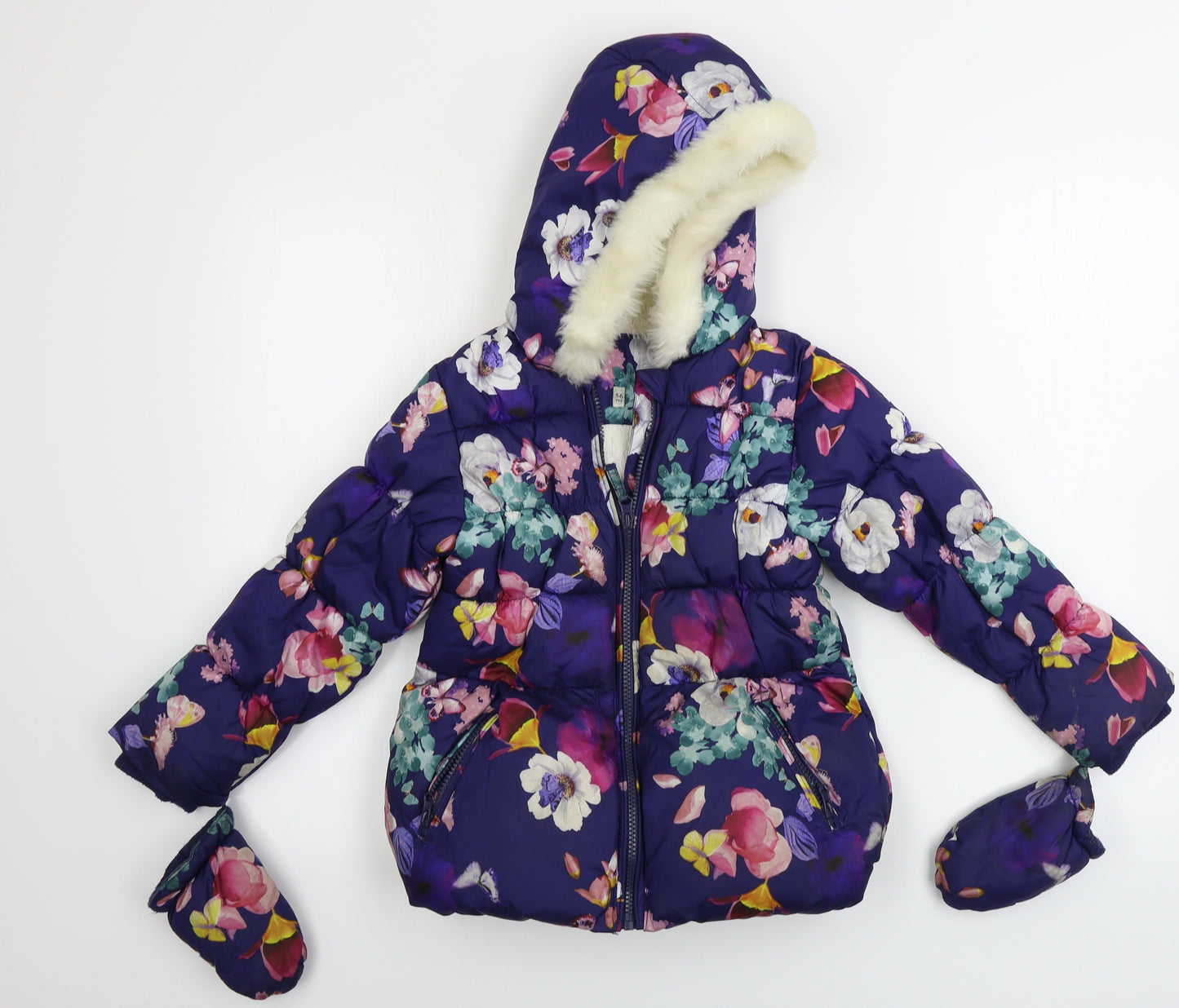 Preworn  Girls Purple Floral  Jacket Coat Size 5-6 Years