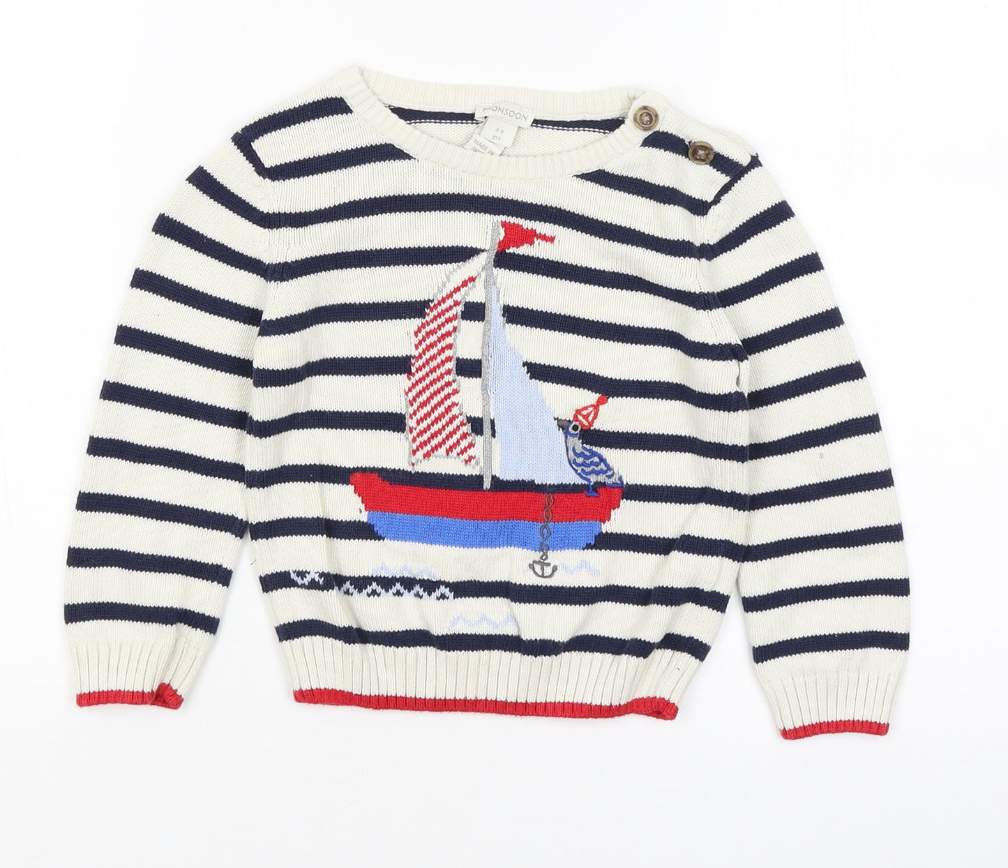Monsoon Boys White Striped  Pullover Jumper Size 3-4 Years  - Boat
