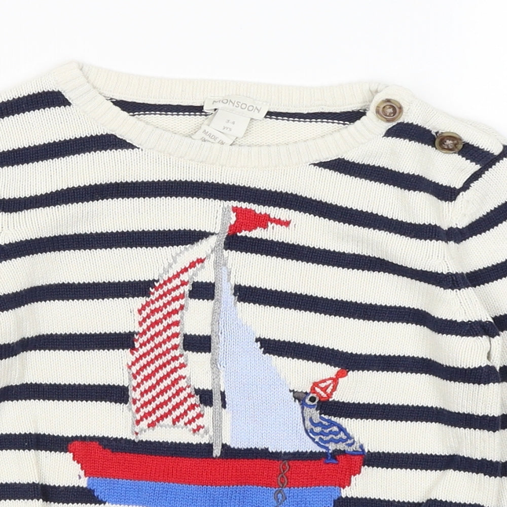 Monsoon Boys White Striped  Pullover Jumper Size 3-4 Years  - Boat