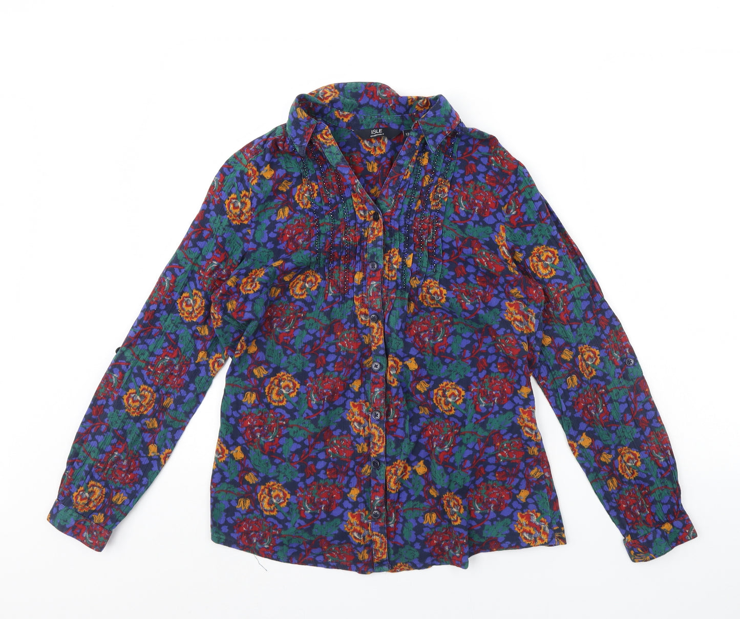 Isle Essentials  Womens Blue Floral  Basic Button-Up Size 12
