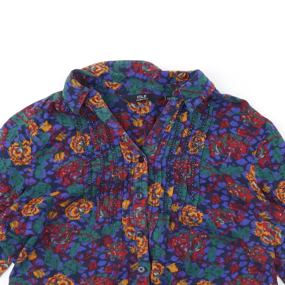 Isle Essentials  Womens Blue Floral  Basic Button-Up Size 12
