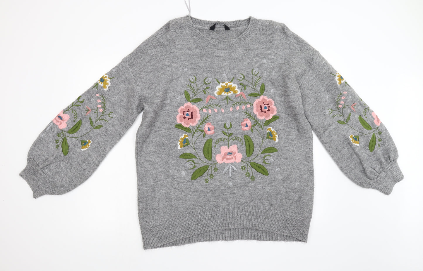 F&F Womens Grey Floral Knit Pullover Jumper Size 14