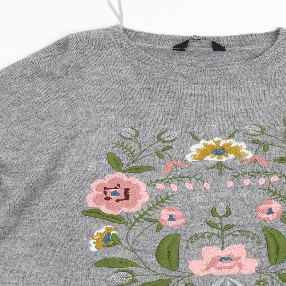 F&F Womens Grey Floral Knit Pullover Jumper Size 14