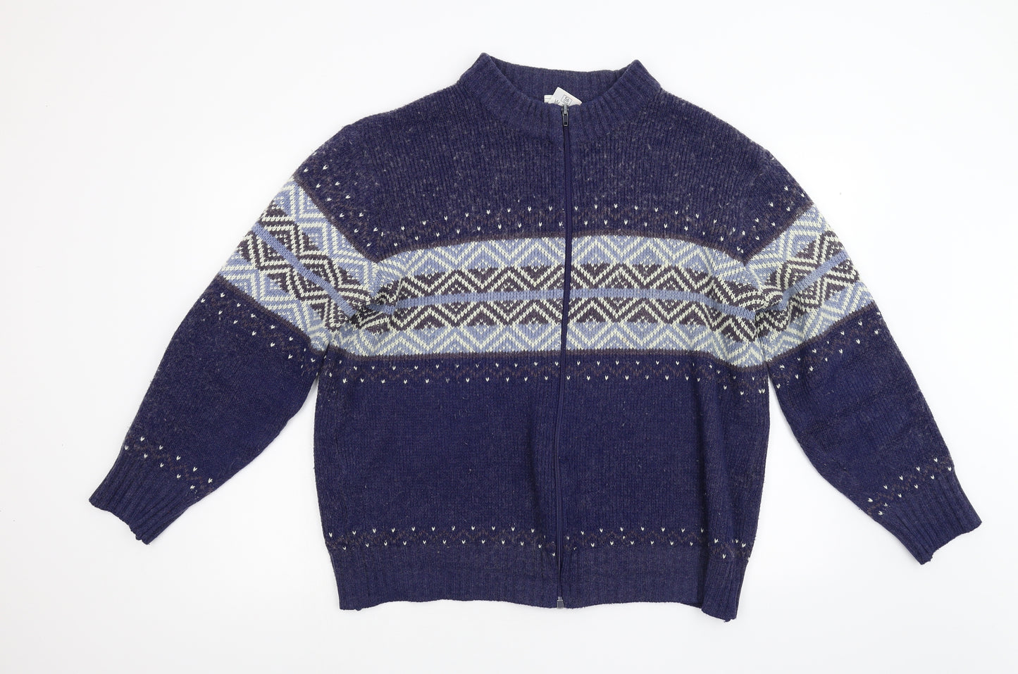 M&S Mens Blue Geometric Knit Full Zip Jumper Size L