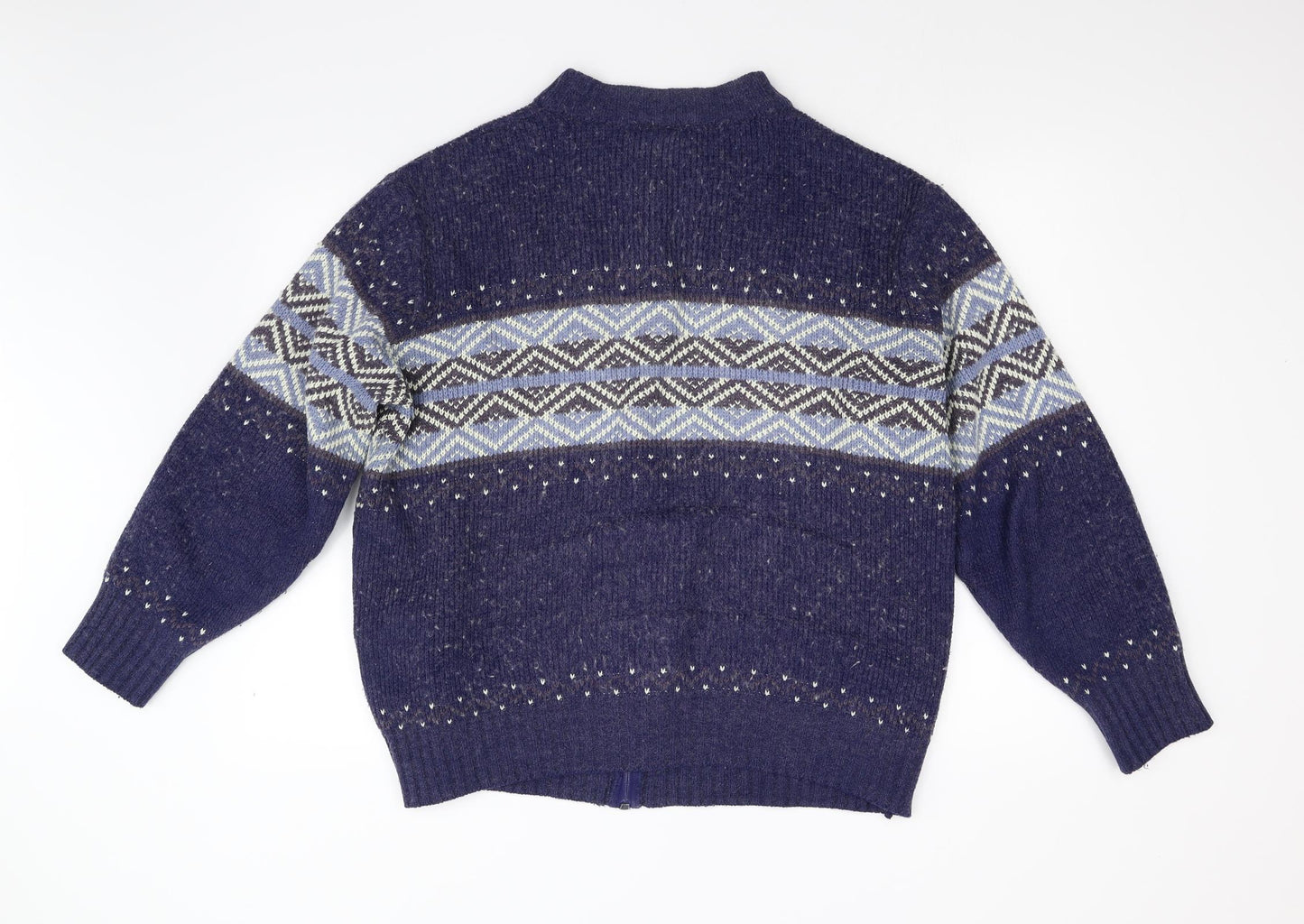 M&S Mens Blue Geometric Knit Full Zip Jumper Size L