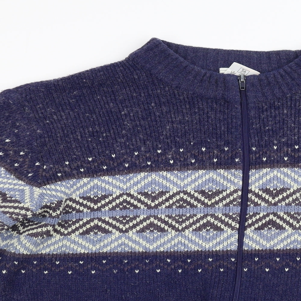 M&S Mens Blue Geometric Knit Full Zip Jumper Size L