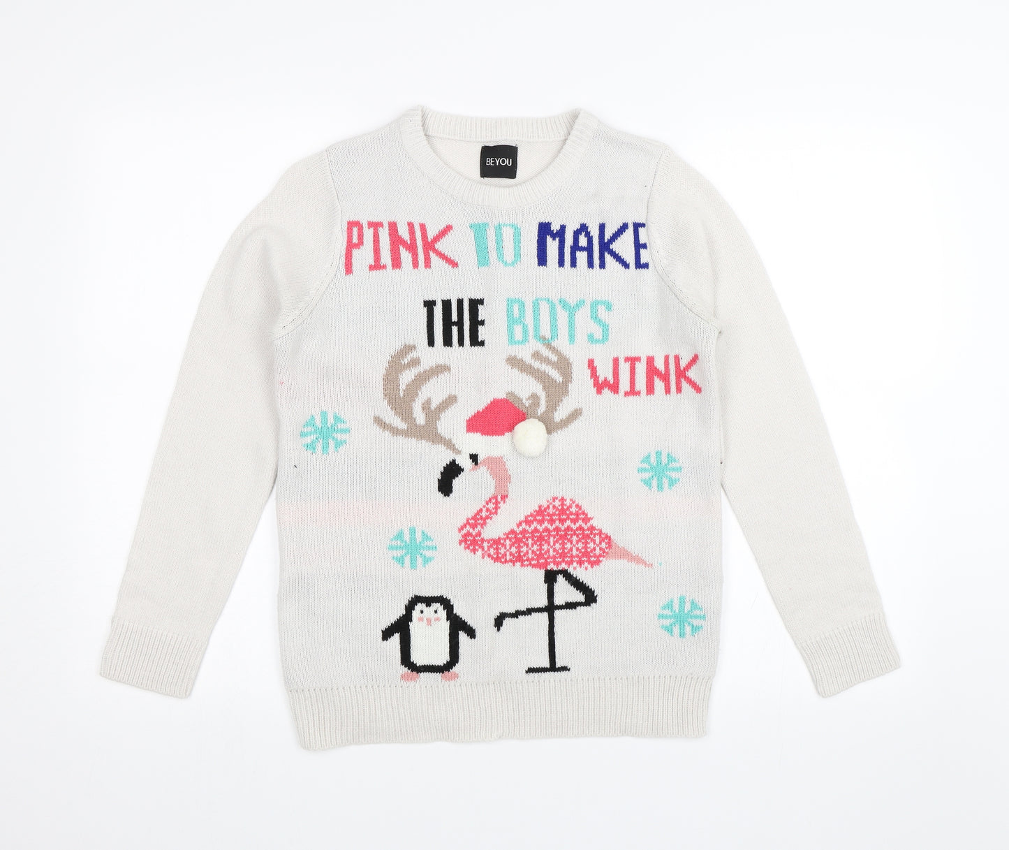 Be You Womens Grey   Pullover Jumper Size 8  - Flamingo Christmas