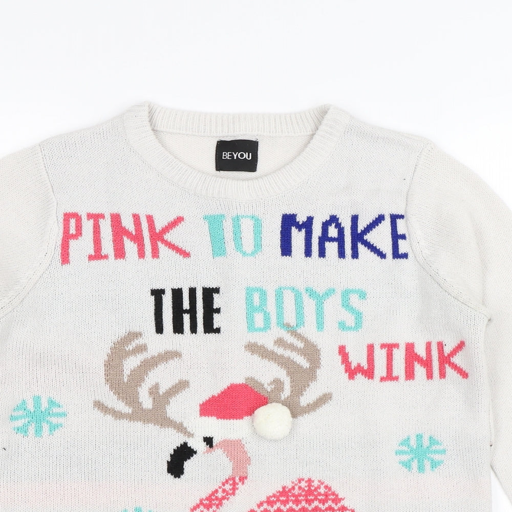 Be You Womens Grey   Pullover Jumper Size 8  - Flamingo Christmas
