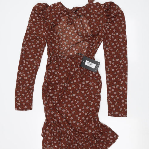 PRETTYLITTLETHING Womens Brown Floral  A-Line  Size 6