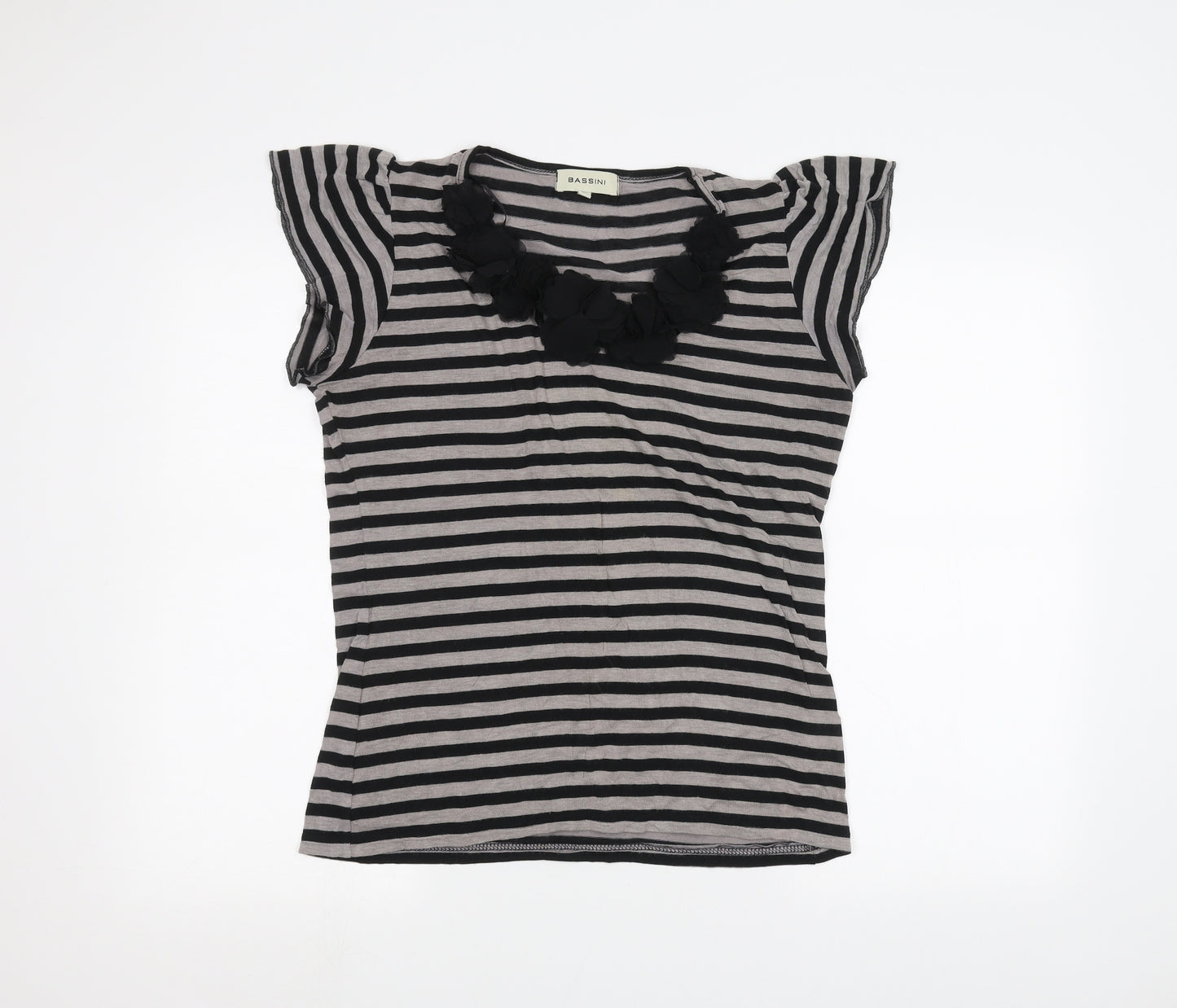 BASSINI Womens Grey Striped  Basic T-Shirt Size L