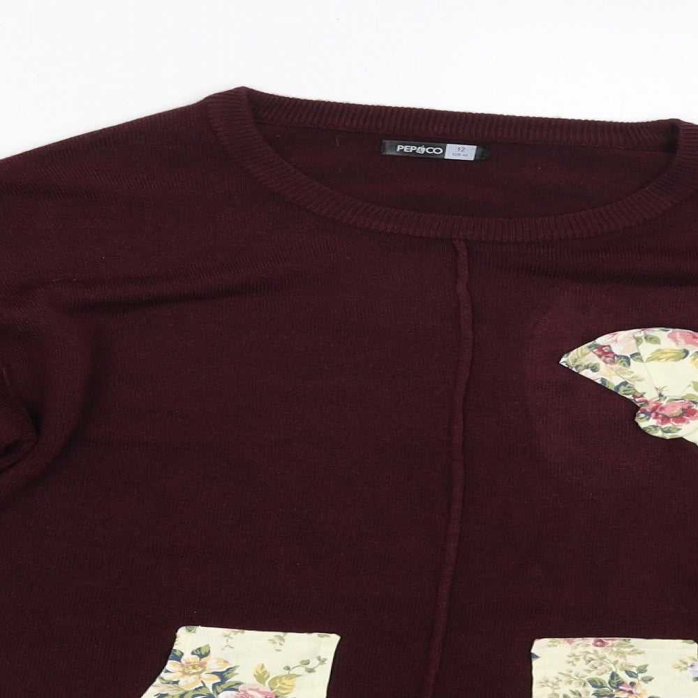 Pep&CO Womens Red   Pullover Jumper Size 12  - Floral Pocket Pattern
