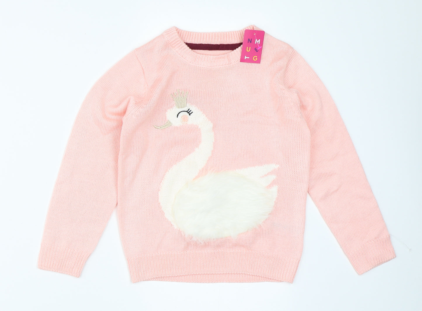 Nutmeg Girls Pink  Knit Pullover Jumper Size 5-6 Years  - swan