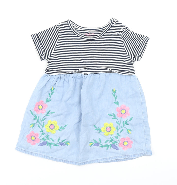 F&F Girls Blue Striped Denim Skater Dress Size 9-12 Months