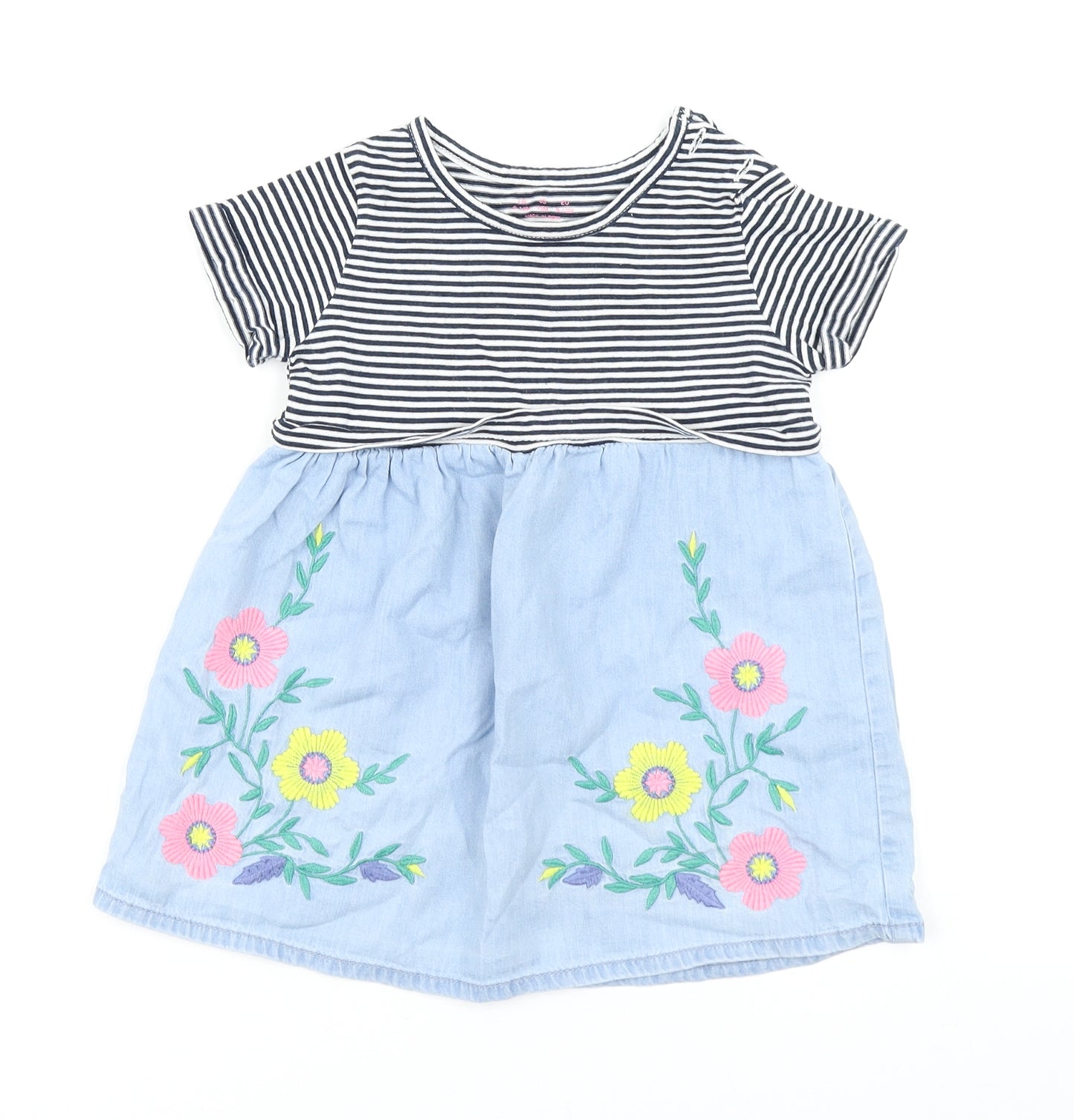 F&F Girls Blue Striped Denim Skater Dress  Size 9-12 Months