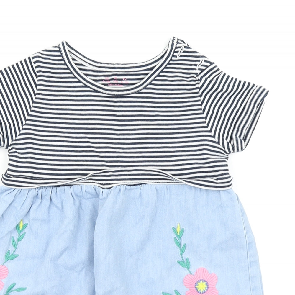 F&F Girls Blue Striped Denim Skater Dress  Size 9-12 Months