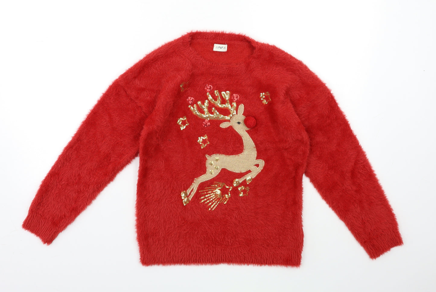 F&F Girls Red  Knit Pullover Jumper Size 9-10 Years  - CHRISTMAS
