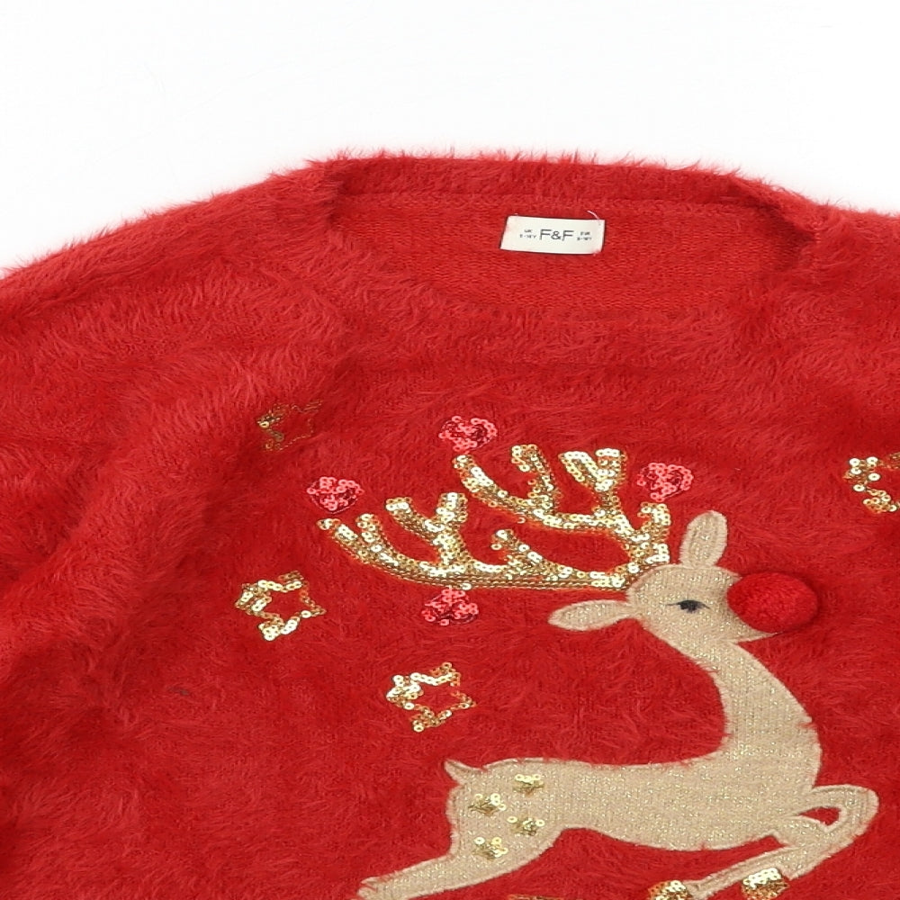 F&F Girls Red  Knit Pullover Jumper Size 9-10 Years  - CHRISTMAS