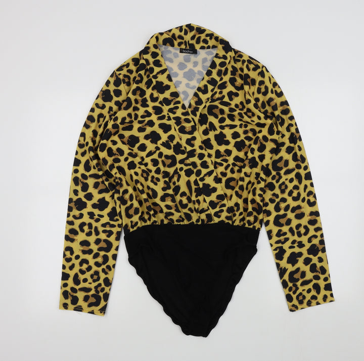 Boohoo Womens Black Animal Print Bodysuit One-Piece Size 12