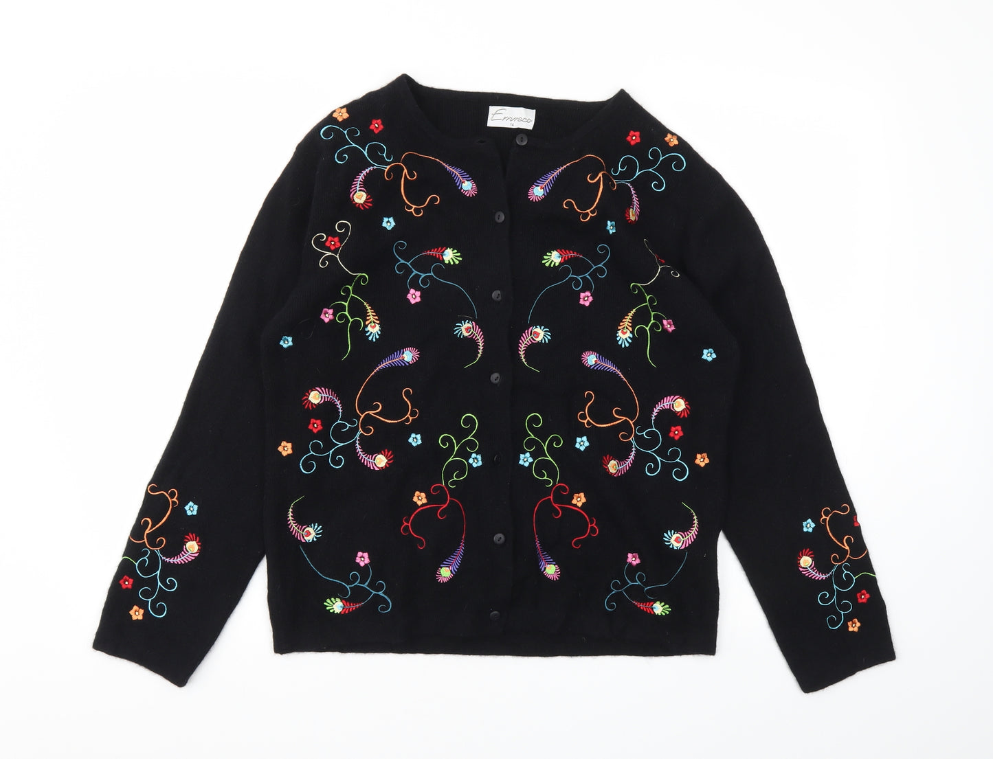 EMMECO Womens Black Floral  Cardigan Jumper Size 14