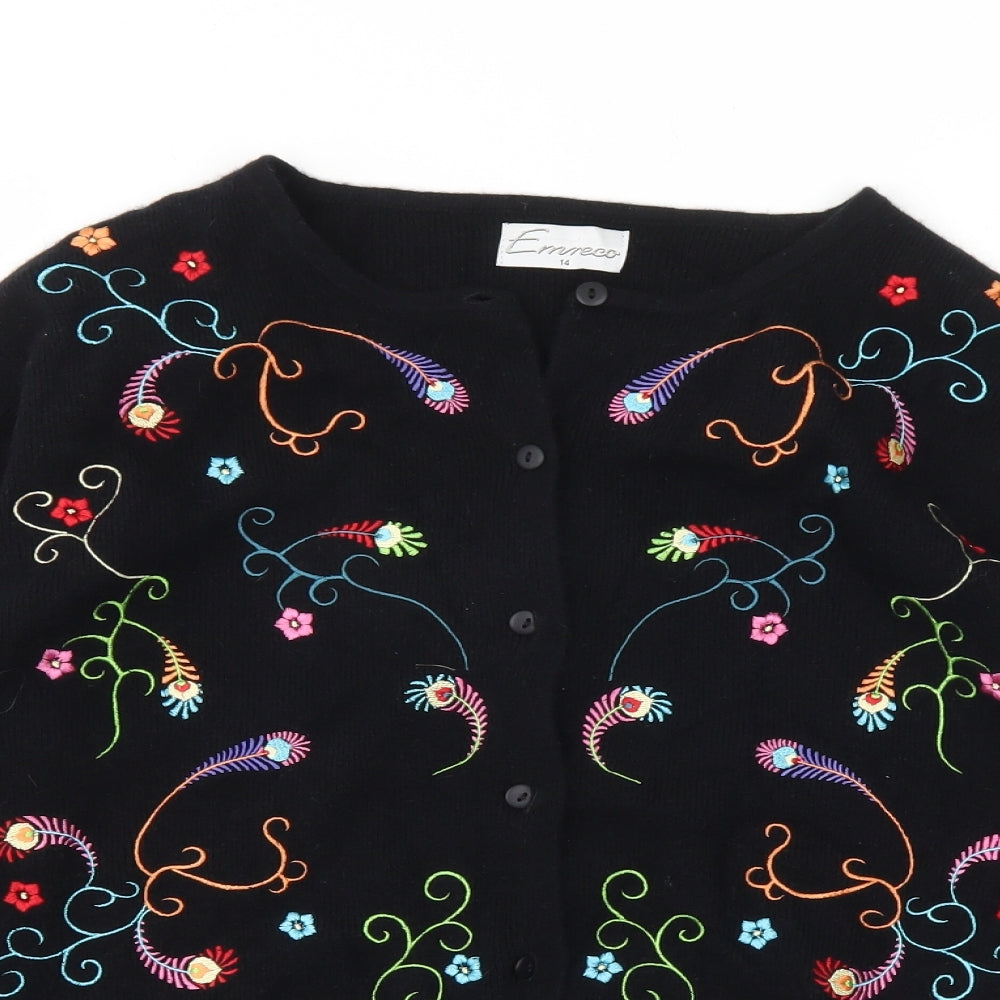 EMMECO Womens Black Floral  Cardigan Jumper Size 14