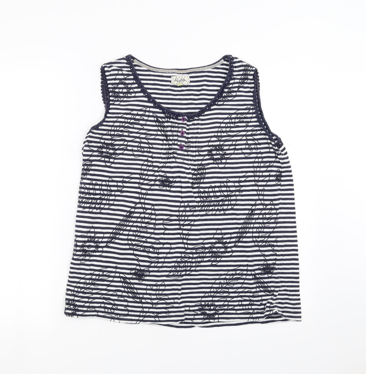 Heyton Womens Blue Striped  Basic T-Shirt Size L  - Floral embroidery